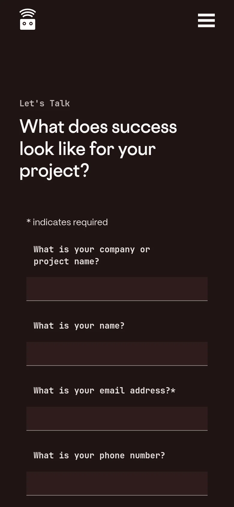The mobile version presents a single-column layout on a dark background, focusing entirely on the contact form. The headline 'What does success look like for your project?' is prominently displayed at the top, followed by form fields for company name, name, email, phone, and LinkedIn URL. The isometric illustration from the desktop version is removed to prioritize vertical scrolling of the form.