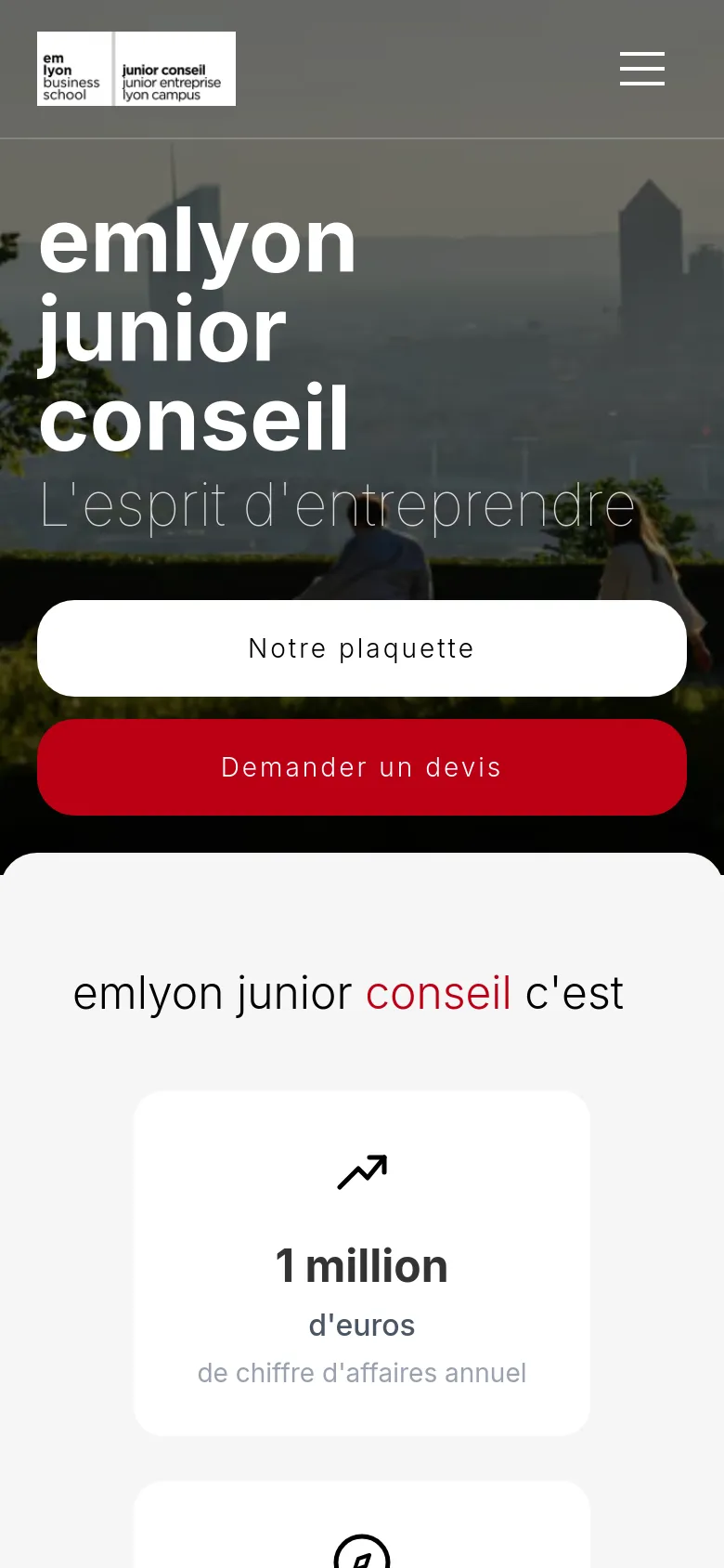 The mobile version presents a vertically stacked layout with the hero image and headline at the top. The two primary buttons, 'Notre plaquette' and 'Demander un devis', are large and centered for easy tapping. Below the hero section, a white card displays key statistics, such as '1 million d'euros de chiffre d'affaires annuel', using a clean, minimalist design.