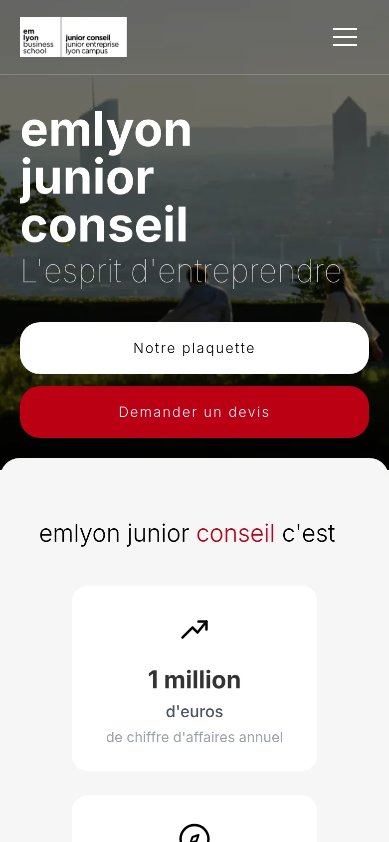 The mobile version presents a vertically stacked layout with the hero image and headline at the top. The two primary buttons, 'Notre plaquette' and 'Demander un devis', are large and centered for easy tapping. Below the hero section, a white card displays key statistics, such as '1 million d'euros de chiffre d'affaires annuel', using a clean, minimalist design.