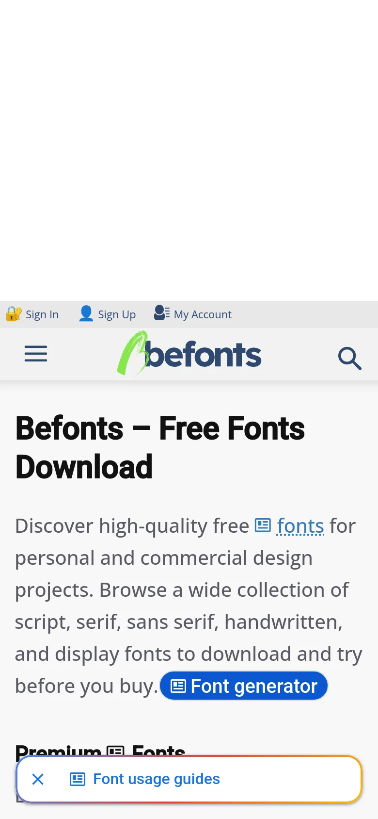 The mobile version presents a simplified vertical layout with a hamburger menu icon and a search icon in the header. The hero text and call-to-action buttons are stacked vertically to fit the narrow screen, and the sidebar links are integrated into the main flow. Font preview images are displayed in a single-column format for easier scrolling.