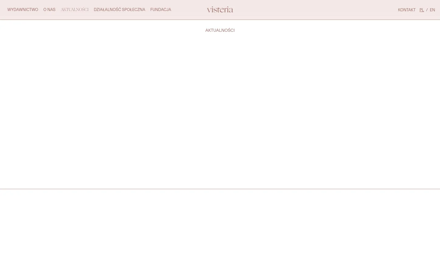 The desktop news page features a clean, minimalist layout with a light pink and white color palette. A vertical list of news articles displays headlines, dates, short descriptions, and large rectangular images related to Vogue Polska editions, with 'Więcej' (More) links below each entry. The navigation menu is positioned at the top and bottom of the page with the Visteria logo centered.