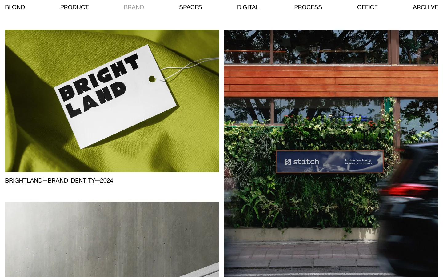 The desktop page features a minimalist white header with navigation links like PRODUCT, BRAND, and DIGITAL. Below, a large grid displays branding projects, starting with a prominent section for 'BRIGHTLAND—BRAND IDENTITY—2024' showing close-up photography of a white tag on lime green fabric and a storefront sign. The layout uses large, high-quality imagery with clean black typography on a white background.
