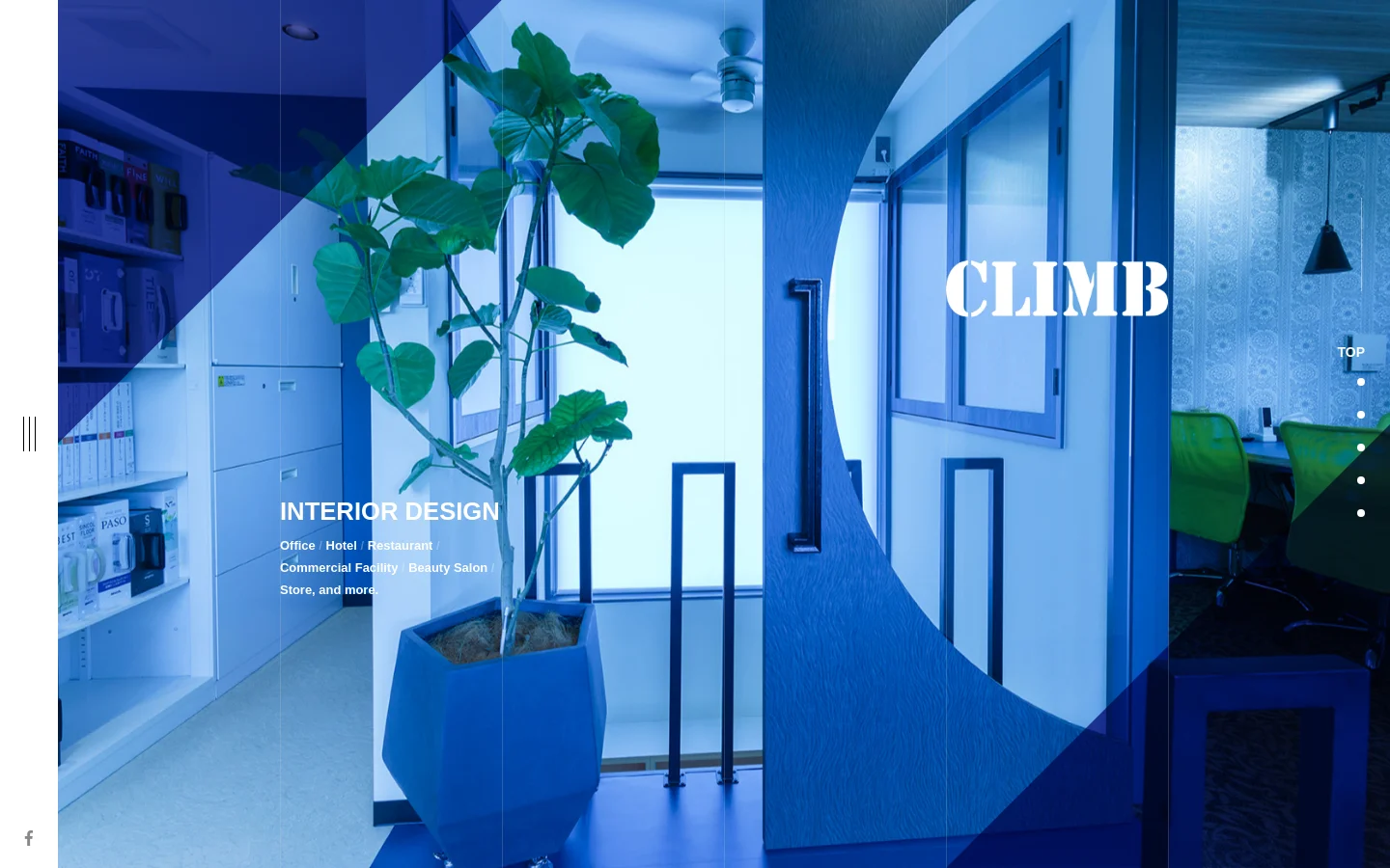 The desktop homepage features a large, blue-tinted hero image of a modern interior with a potted plant and the text 'CLIMB INTERIOR DESIGN' overlaid. Below the hero section, the page uses a clean white and light gray layout with large headings for 'IDEA', 'CASE', 'ABOUT', and 'ACCESS'. A navigation menu is visible on the left side and a 'TOP' button is on the right.