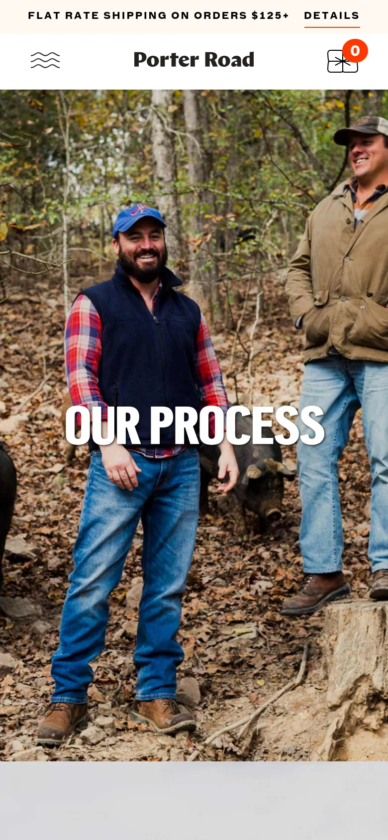 The mobile version displays a vertically oriented hero image of the two men in the woods with the 'OUR PROCESS' headline centered. The navigation is simplified, showing the Porter Road logo, a hamburger menu icon, a shopping cart icon, and the shipping promotion banner at the top.