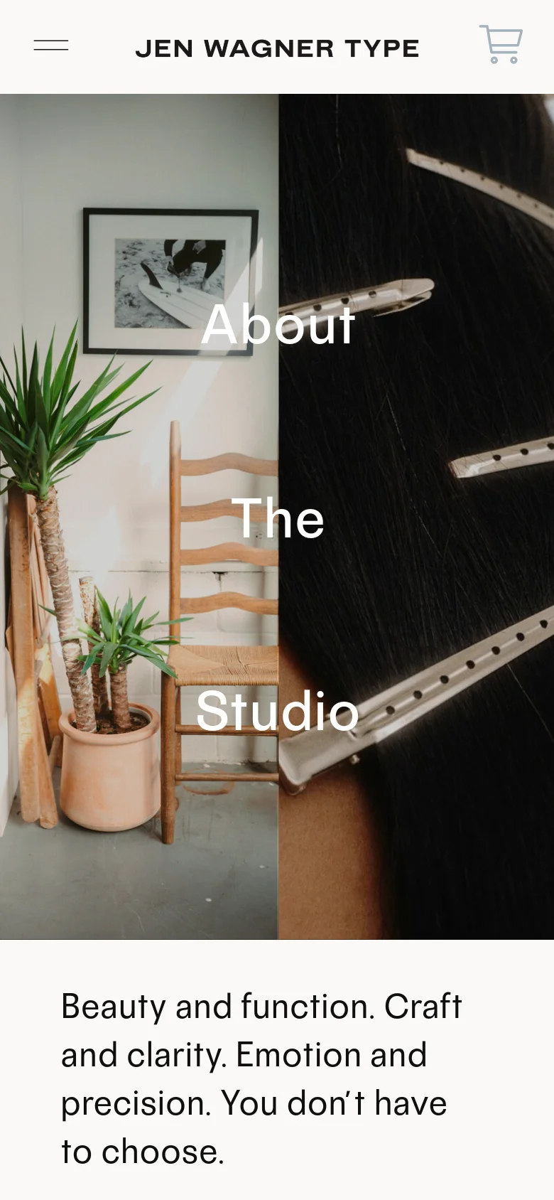 The mobile version presents a vertically stacked hero image with the same split-screen aesthetic, though the text 'About The Studio' is centered and enlarged. The navigation is condensed into a hamburger menu icon on the left and a shopping cart icon on the right, positioned above the imagery.