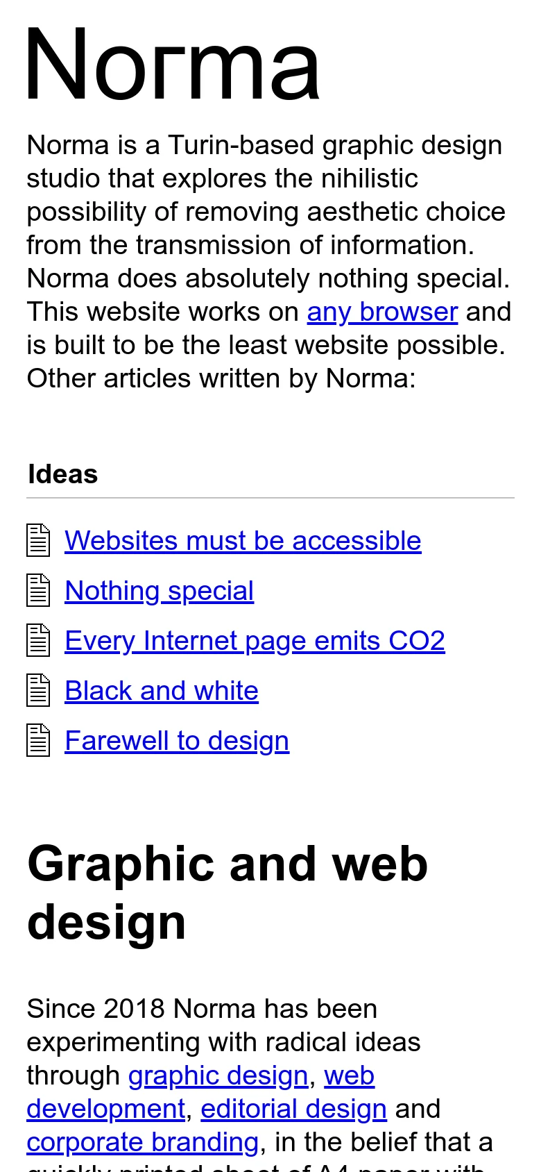 The mobile version maintains the minimalist black-and-white aesthetic but shifts to a single-column layout. The article list and project sections are stacked vertically to accommodate the narrow screen, ensuring readability of the plain typography.