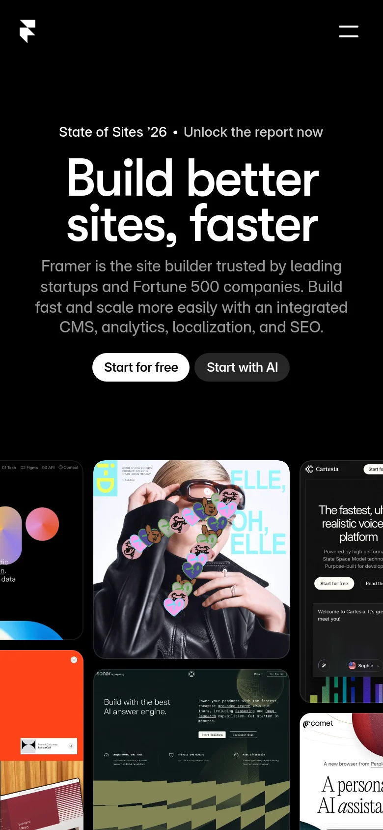 The mobile version maintains the dark theme and centered text layout but uses a single-column vertical stack for the hero headline and subheadline. The call-to-action buttons are stacked vertically, and the website design previews are displayed in a large, vertically scrolling format.