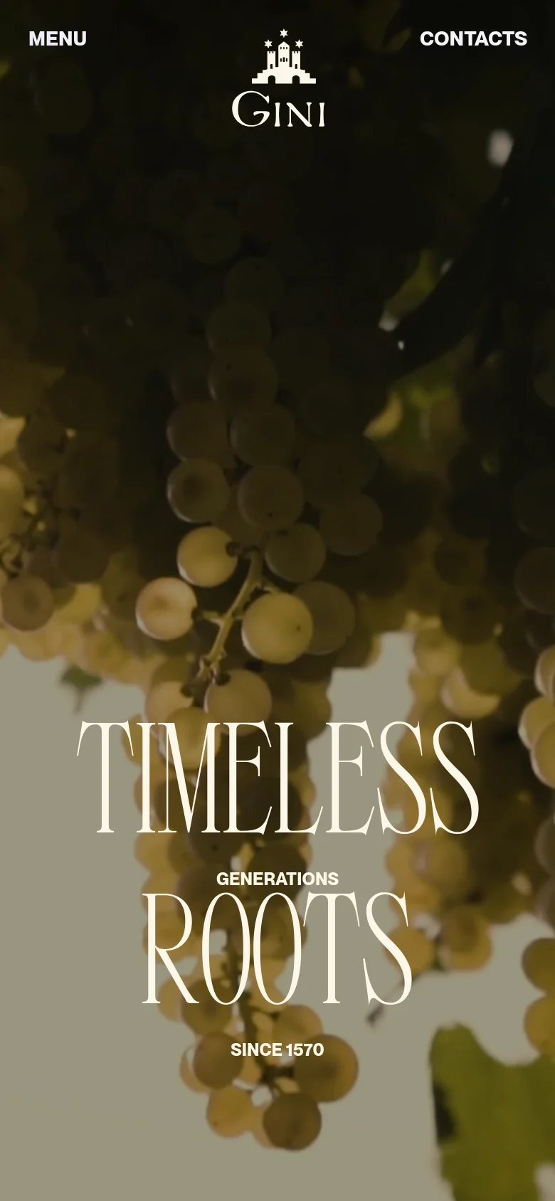 The mobile version presents a vertically oriented full-screen hero image of grapes, mirroring the desktop's aesthetic. The central text 'TIMELESS ROOTS' is stacked vertically, and the header features a centered Gini logo with 'MENU' on the left and 'CONTACTS' on the right for easier thumb access.