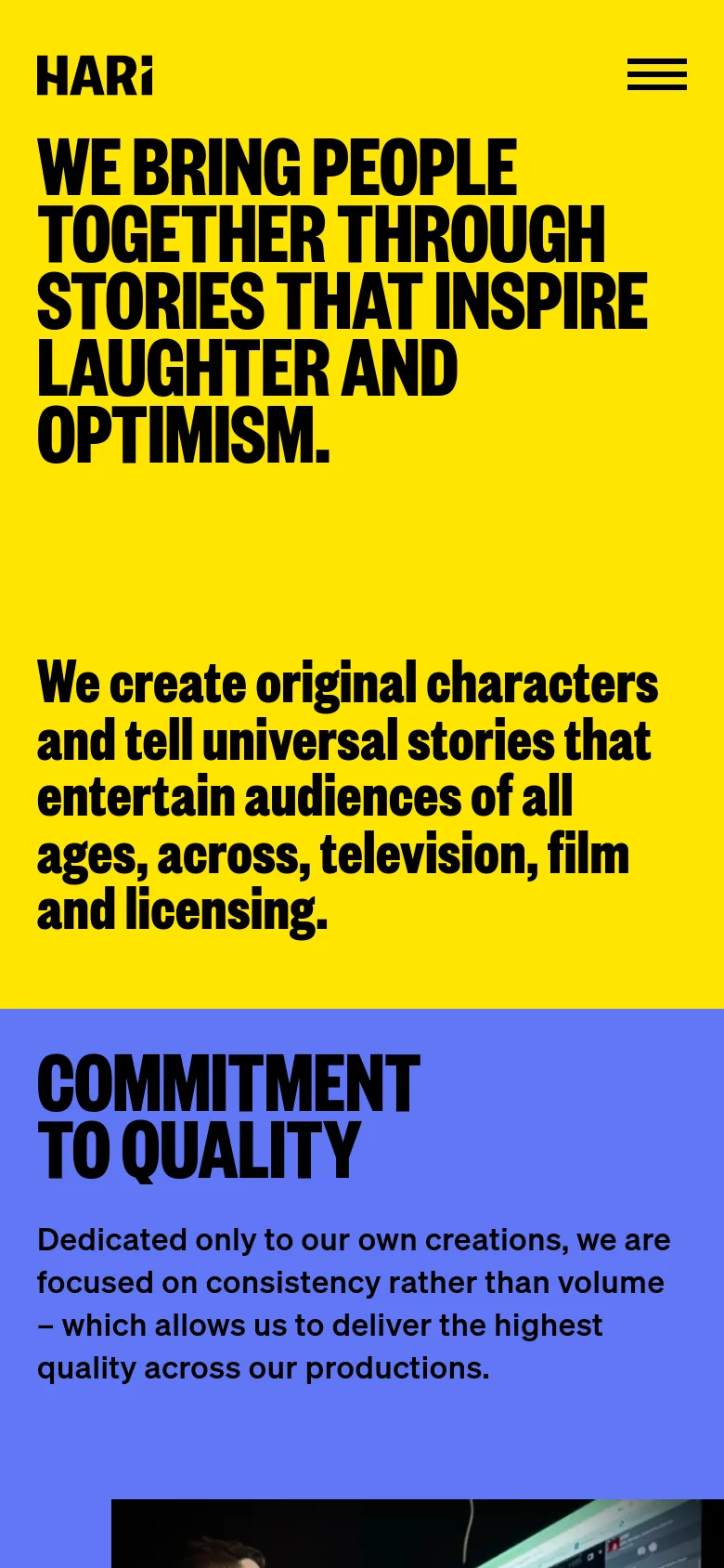 The mobile version maintains the high-contrast yellow and blue color scheme but uses a stacked vertical layout. The large black headline is centered at the top, followed by the descriptive text, and the navigation is condensed into a hamburger menu icon in the top right corner.