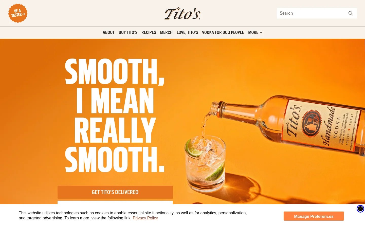 The desktop homepage features a vibrant orange hero section with the large white headline 'SMOOTH, I MEAN REALLY SMOOTH.' and a bottle of Tito's pouring vodka into a lime-garnished glass. A navigation bar at the top includes the Tito's logo, a search bar, and links for About, Buy Tito's, Recipes, Merch, and more. Below the hero, sections highlight 'Anywhericana with Tito's', a Wrangler collaboration, and featured cocktail recipes.