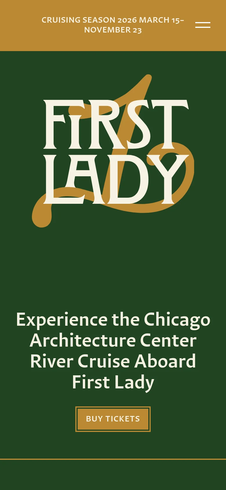 The mobile version presents a vertically stacked layout on a dark green background. The large 'First Lady' logo appears at the top, followed by the main headline and a prominent gold 'Buy Tickets' button, with a simplified hamburger menu icon in the top right corner.