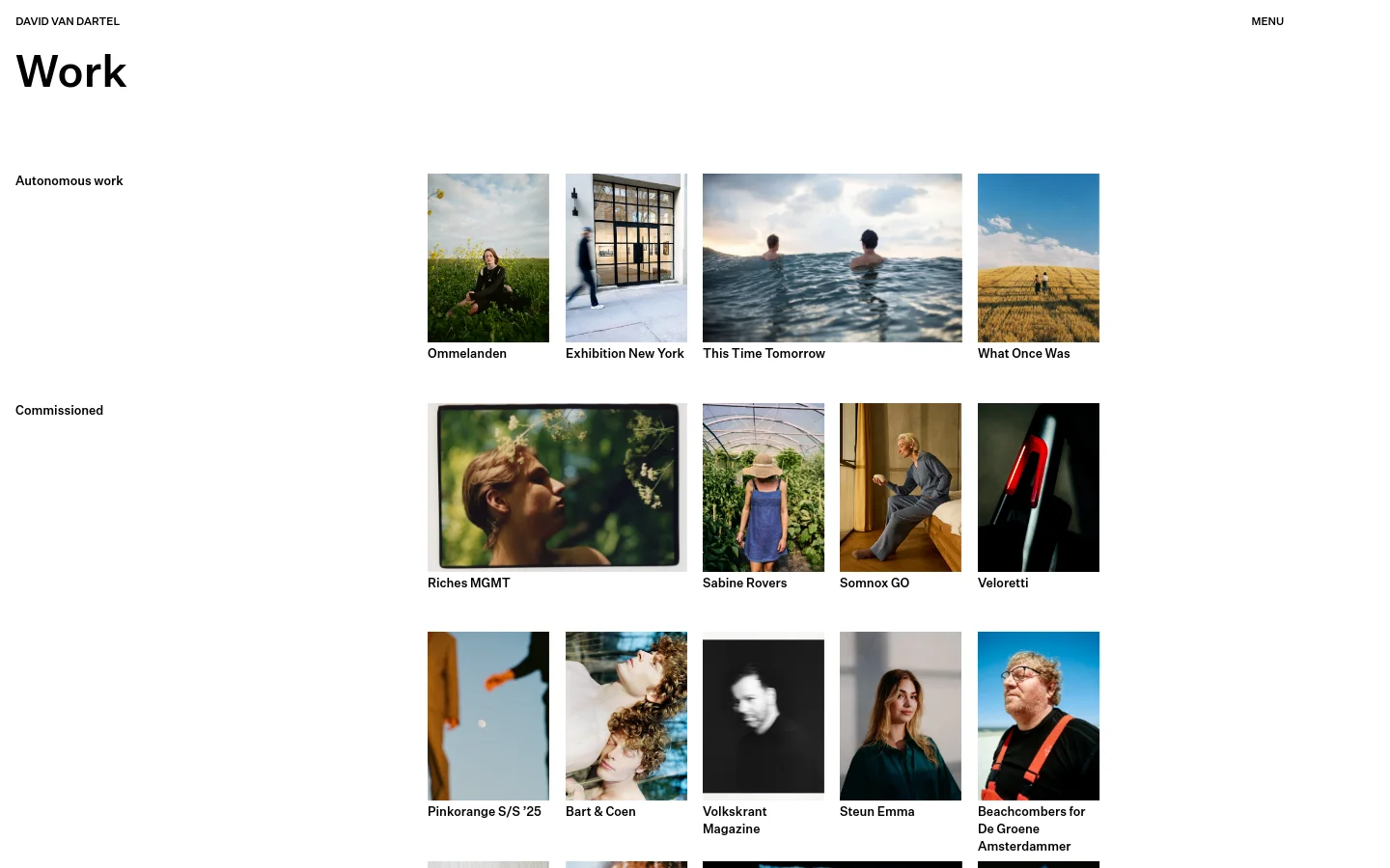 The desktop version of the Work page features a minimalist white layout with a large 'Work' heading. It displays a grid of photography projects categorized under 'Autonomous work' and 'Commissioned,' with each project represented by a vertical or horizontal image and a text label below.