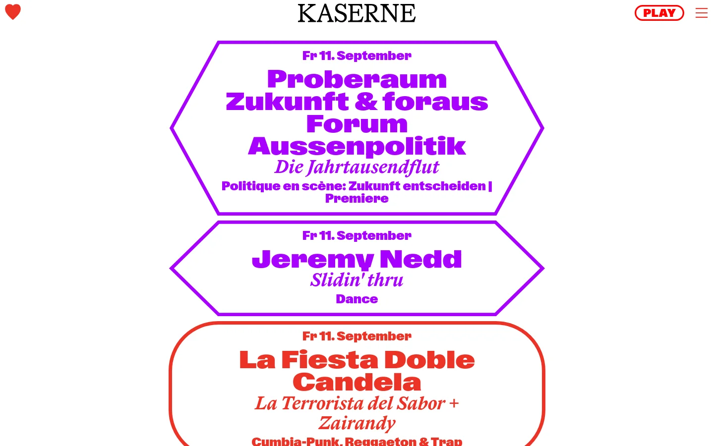 The Kaserne Basel homepage features a minimalist white background with large, colorful hexagonal and rounded event cards. Each card contains event details like date, title, and genre in bold purple or red text, serving as primary navigation to event pages. The desktop layout shows a clean header with the Kaserne logo and a 'PLAY' button.