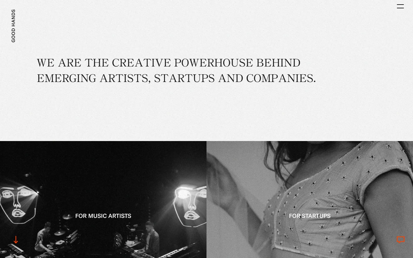 The desktop homepage features a minimalist white and light grey textured background with a large serif headline stating 'WE ARE THE CREATIVE POWERHOUSE BEHIND EMERGING ARTISTS, STARTUPS AND COMPANIES.' Below the text, the screen is split into two large black-and-white photographic tiles: one showing a DJ setup for music artists and another showing a person in a sequined top for startups. The 'GOOD HANDS' logo is oriented vertically on the far left.