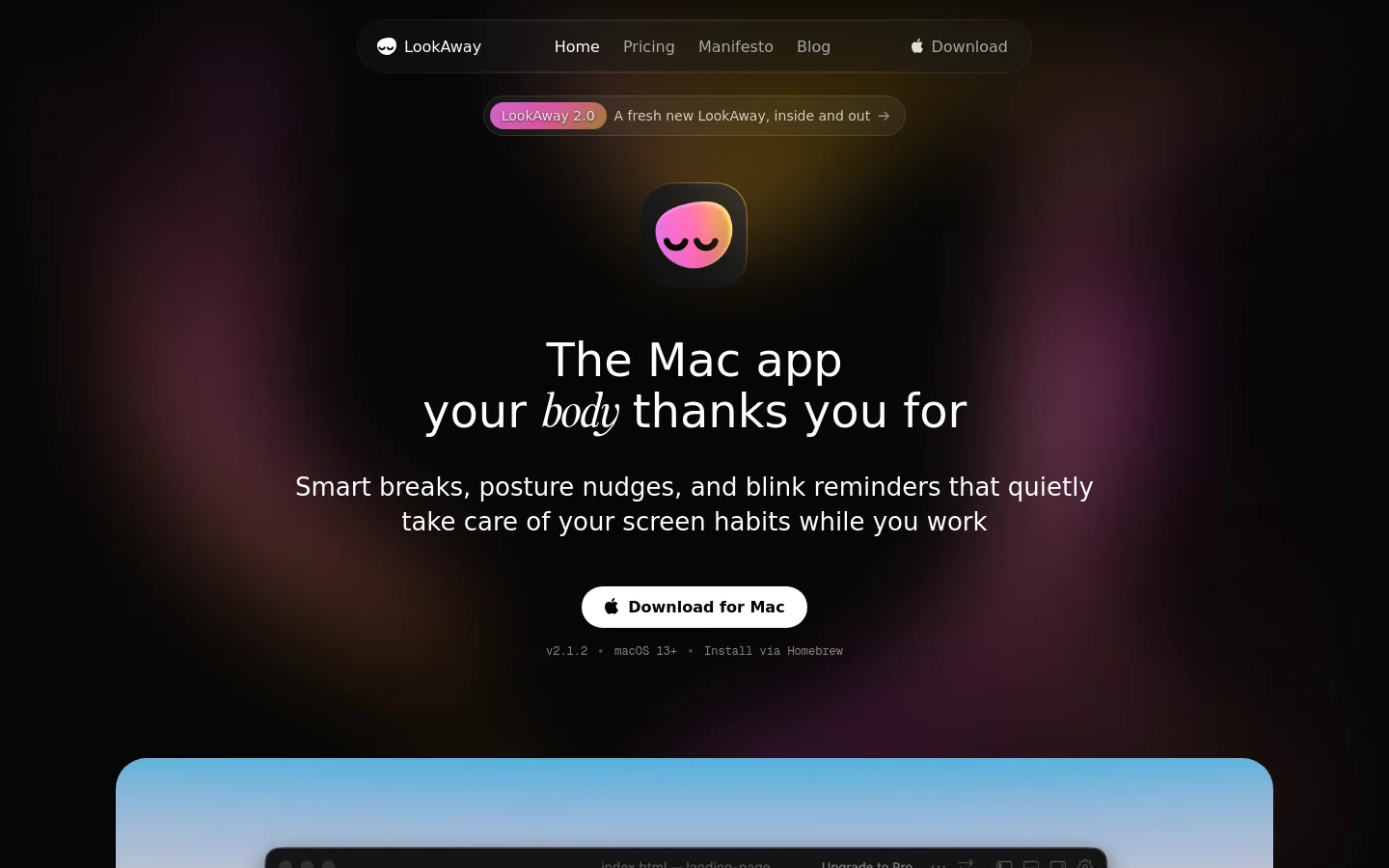 The LookAway homepage features a dark, atmospheric background with purple and brown gradients. A centered hero section displays a colorful app icon, a large headline about a Mac app for body health, and a prominent 'Download for Mac' button. A navigation bar at the top includes links for Home, Pricing, Manifesto, and Blog, alongside a 'Download' button.