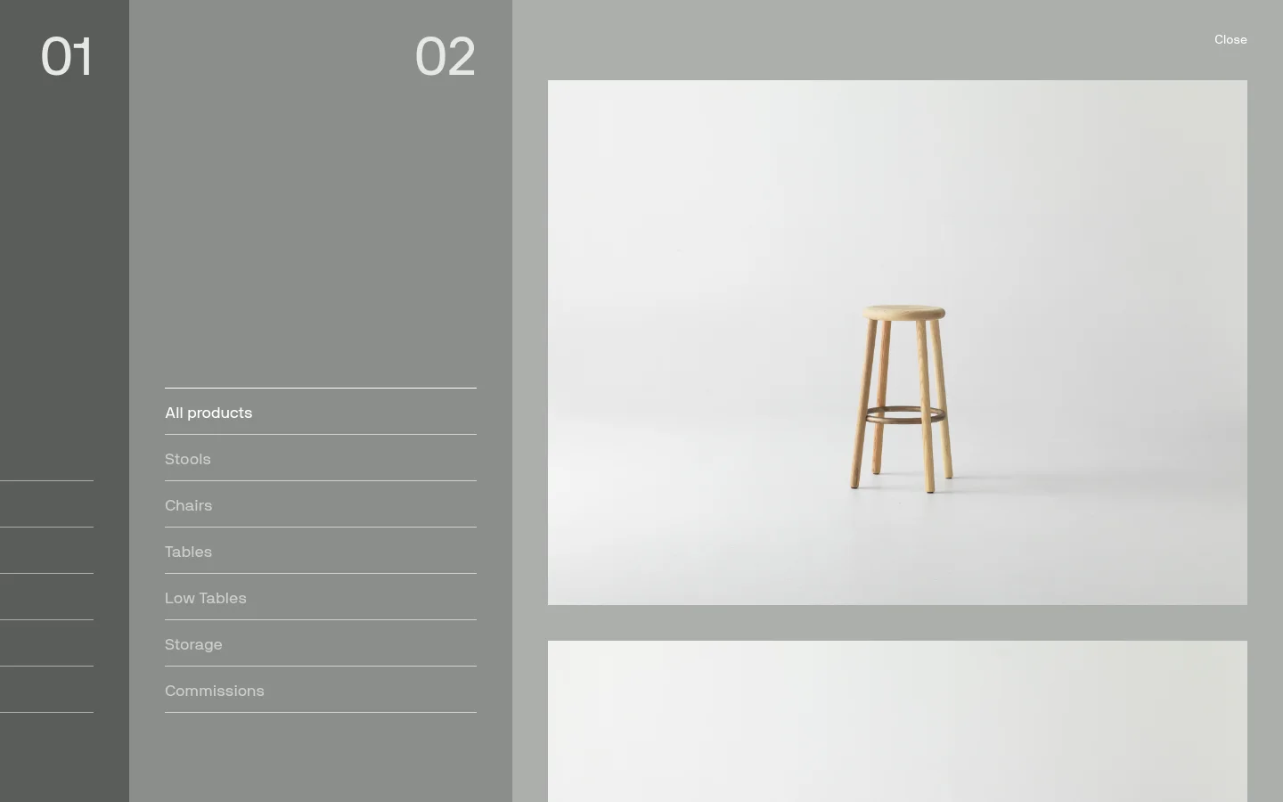 The desktop page displays a minimalist product catalog with a gray sidebar on the left containing navigation links like 'All products', 'Stools', and 'Chairs'. The main content area features a large grid of high-quality product images showcasing various wooden furniture pieces against light backgrounds.