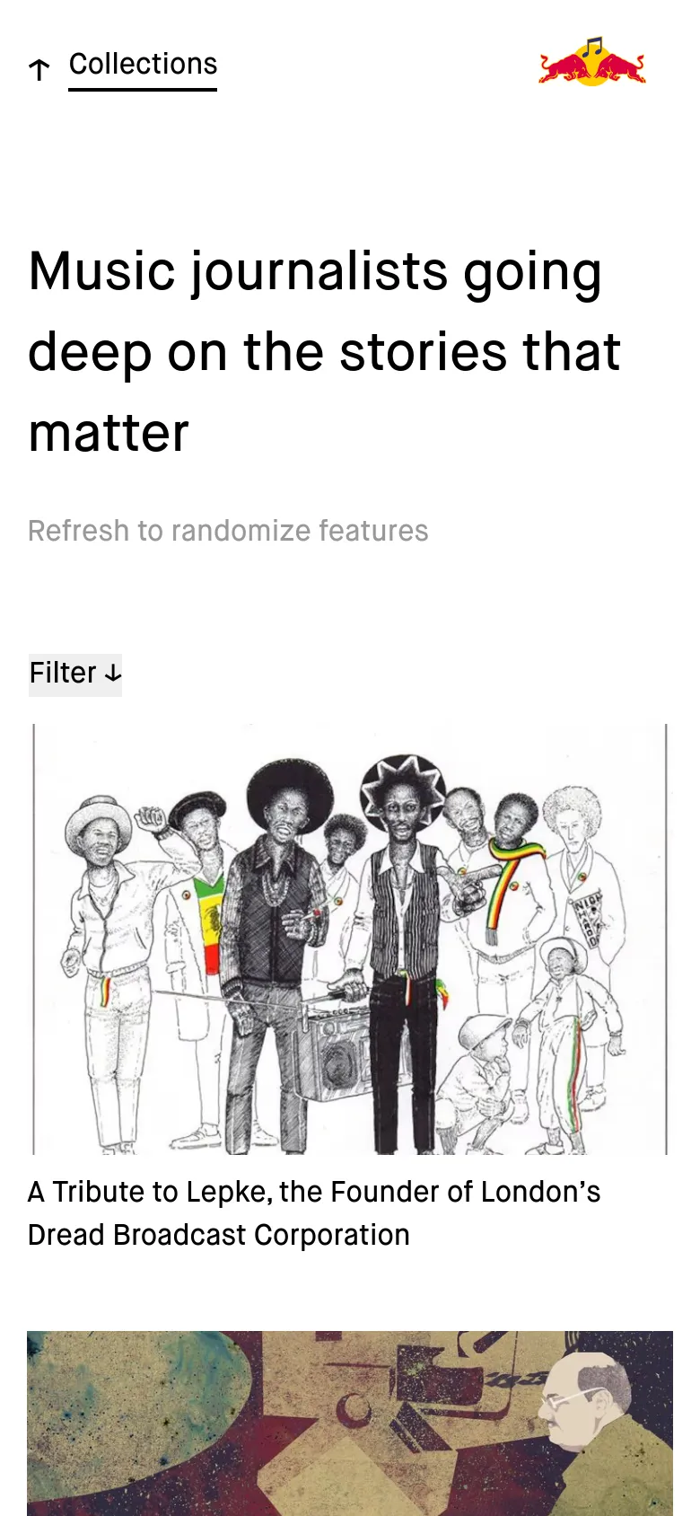 The mobile version maintains the white background and large headline but transitions to a single-column vertical layout. The article cards are stacked vertically, showing one large image and its corresponding title at a time to optimize for scrolling on a narrow screen. The navigation and filtering options are simplified for a smaller viewport.