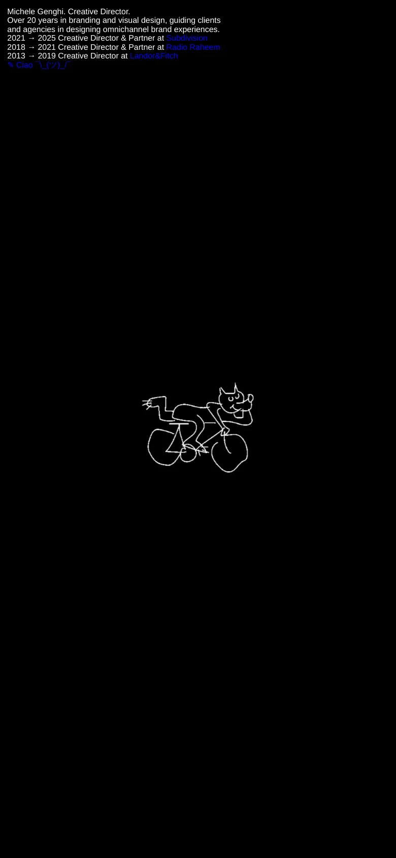 The mobile version maintains the minimalist black and white aesthetic with a single-column layout. The text and career history are stacked vertically above the large white line drawing of the character on a bicycle, which scales to fit the narrower screen width.