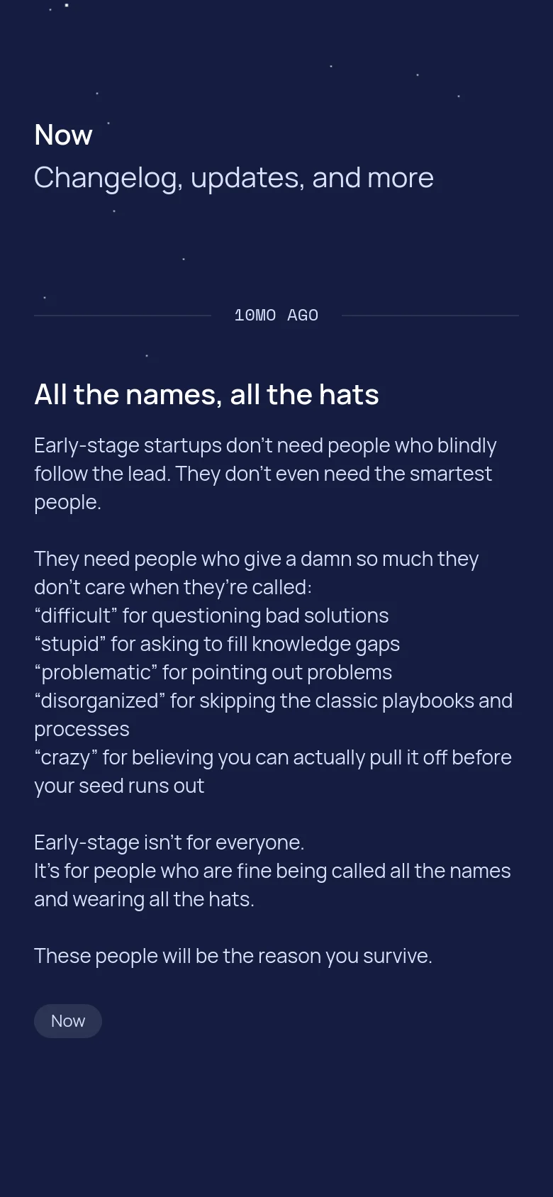 The mobile version maintains the dark navy theme and centered text layout but scales the typography for a vertical screen. The content remains a single column, focusing on the 'Now' heading and the long-form text article, with the white dot pattern appearing more sparse due to the narrow viewport.