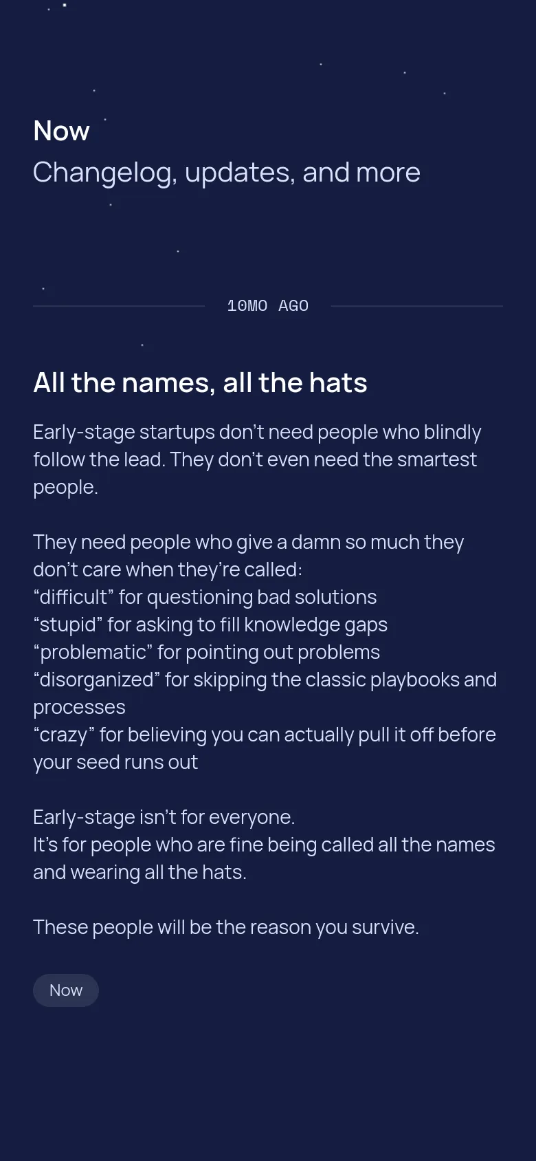 The mobile version maintains the dark navy theme and centered text layout but scales the typography for a vertical screen. The content remains a single column, focusing on the 'Now' heading and the long-form text article, with the white dot pattern appearing more sparse due to the narrow viewport.