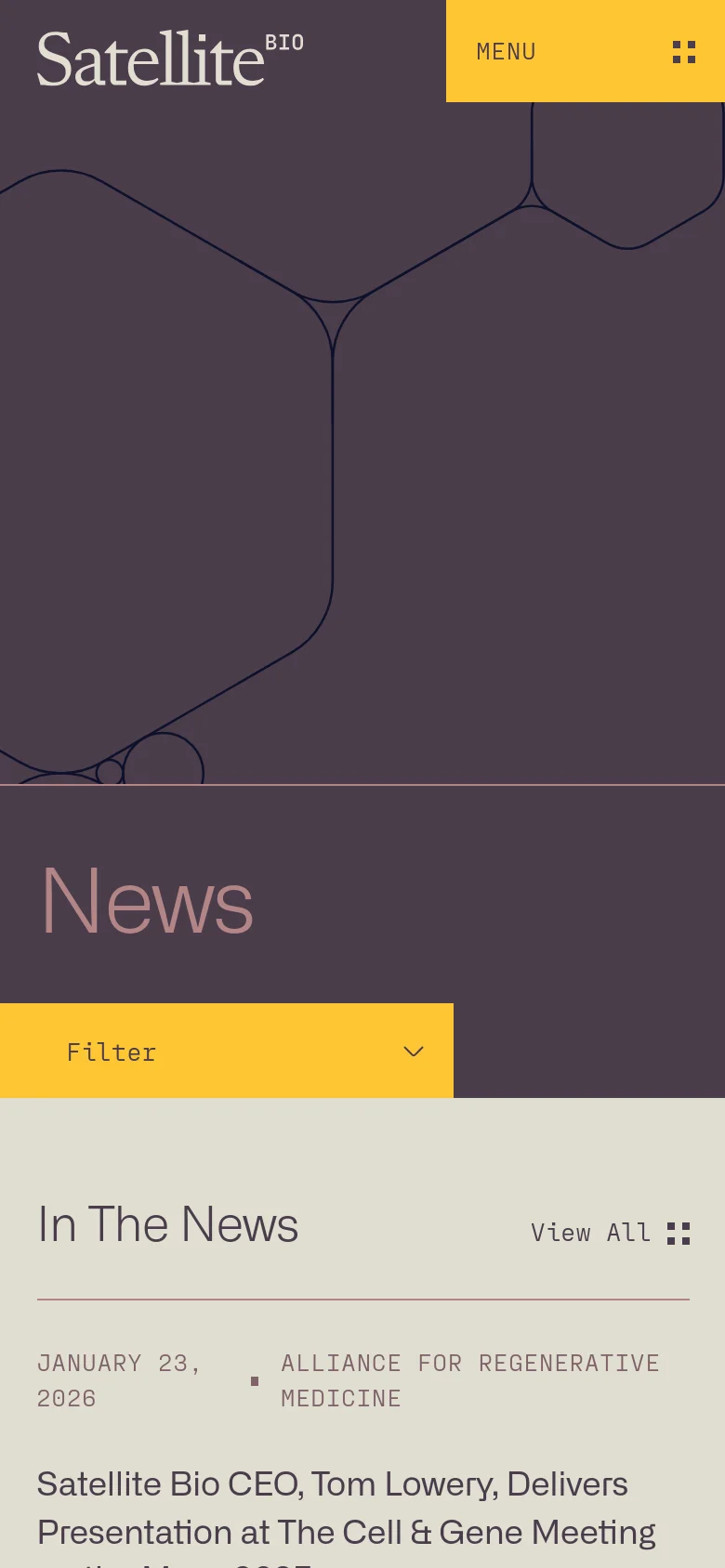 The mobile version displays a simplified layout with a dark purple header containing the 'Satellite Bio' logo and a prominent yellow 'MENU' button. The 'News' headline is followed by a single yellow 'Filter' dropdown menu, and news items are stacked vertically in a single column for easier scrolling.