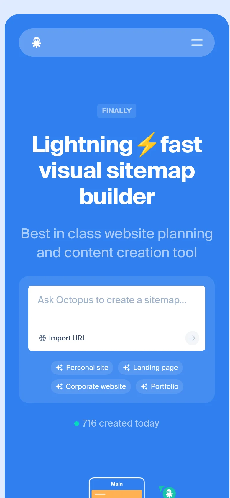 The mobile version presents a vertically stacked layout with a simplified blue header containing a logo and a hamburger menu icon. The central hero text and the white sitemap input field are scaled down to fit the narrower screen, maintaining the same blue color scheme and primary call-to-action buttons.