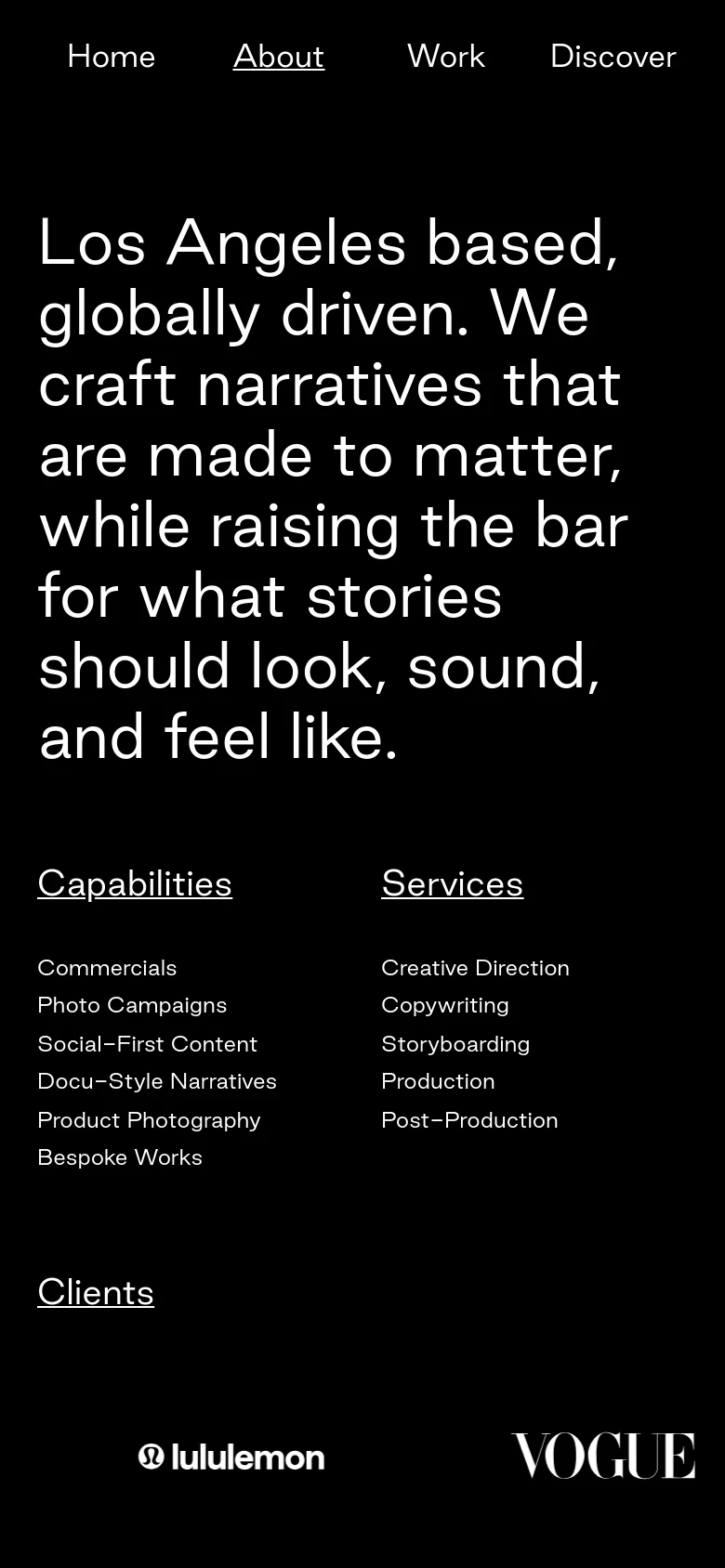 The mobile version presents a vertically stacked layout on a black background. The large headline appears at the top, followed by single-column lists for Capabilities, Services, and Clients, with brand logos appearing in a grid at the bottom.