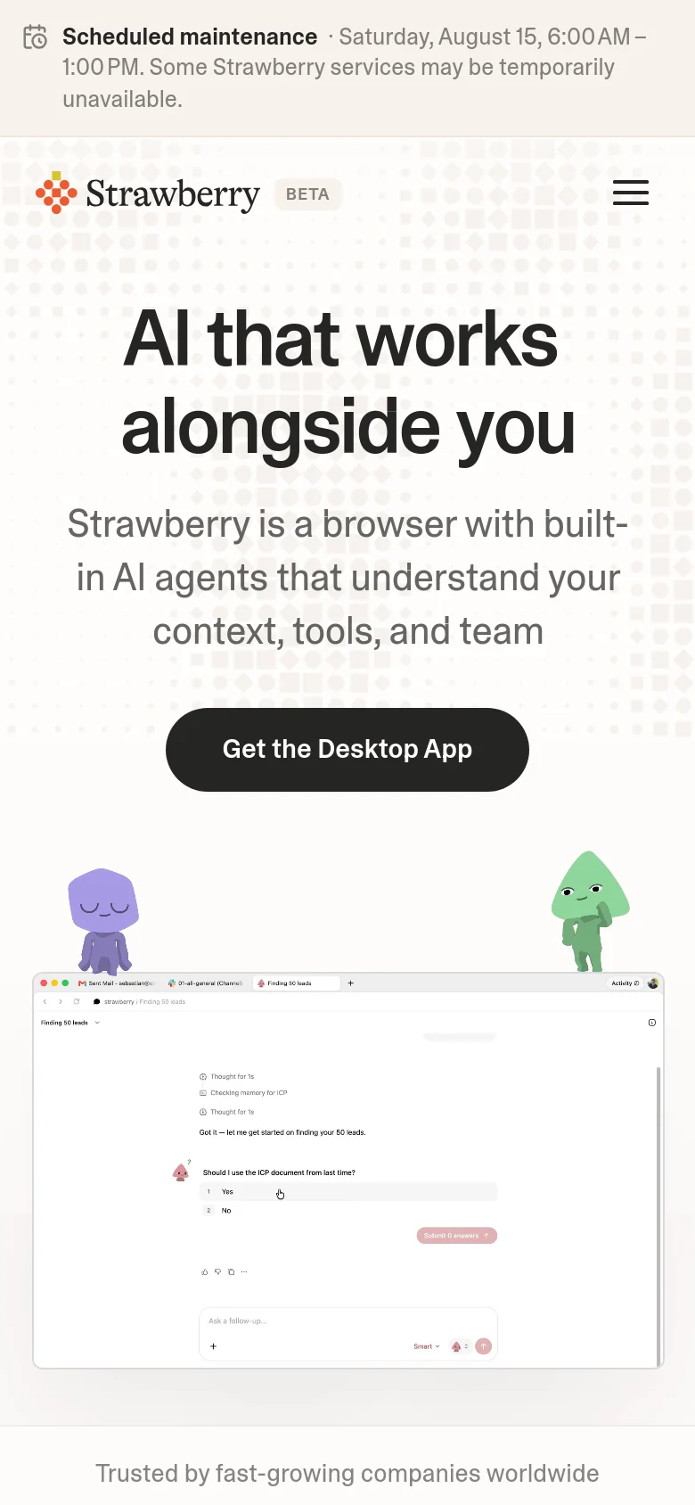 The mobile version uses a single-column layout with the headline 'AI that works alongside you' centered at the top. The primary call to action is a prominent 'Get the Desktop App' button, followed by a simplified view of the browser interface screenshot and a footer text mentioning company trust. The navigation is condensed into a hamburger menu icon in the top right.