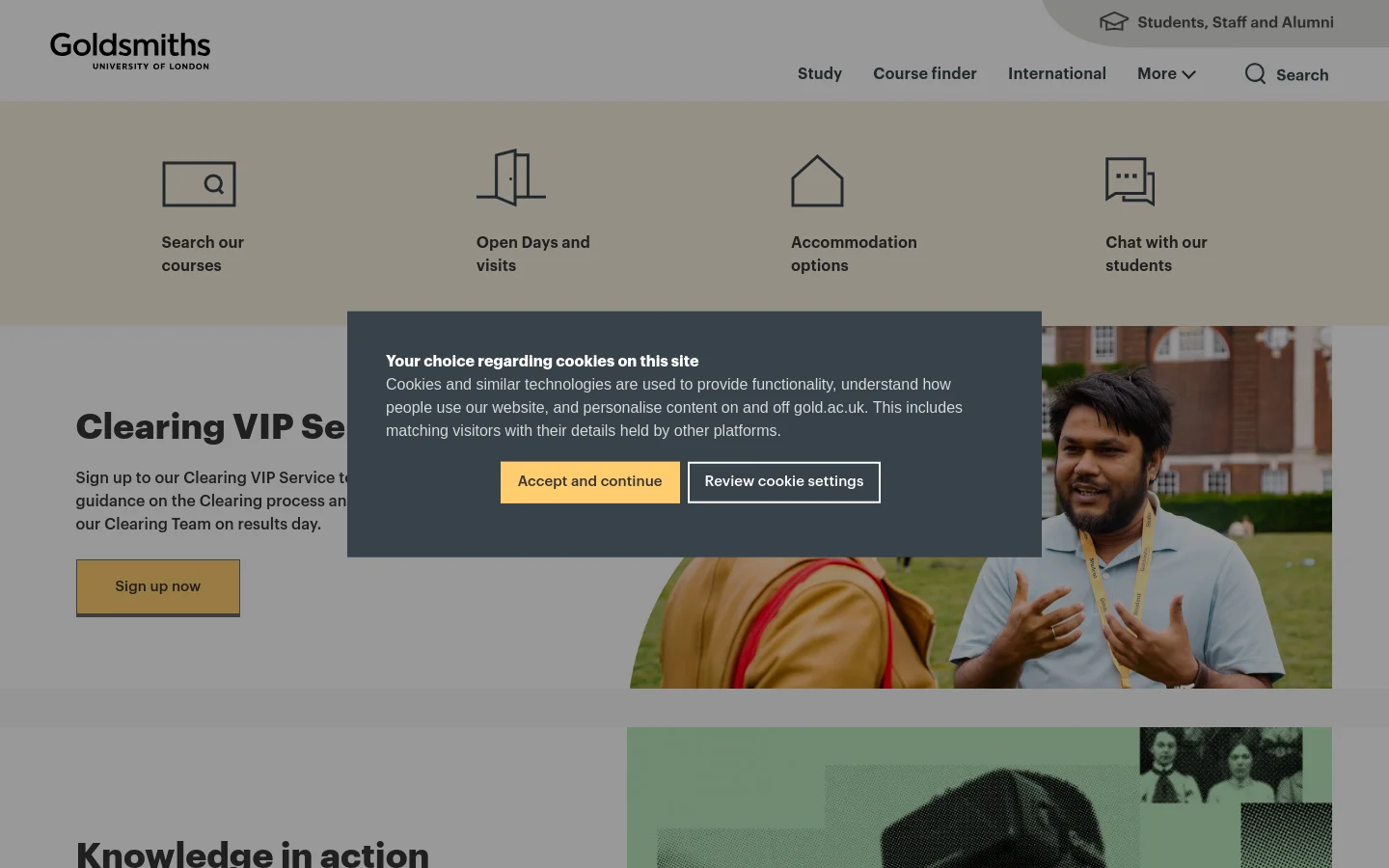The Goldsmiths University homepage features a clean layout with a white header containing navigation links like Study and Course finder. A hero section displays a large banner image of the university campus with 'Apply now' and 'Find out more about Clearing' buttons. Below, a grid of four icon-based links provides quick access to course searches, open days, accommodation, and student chat.