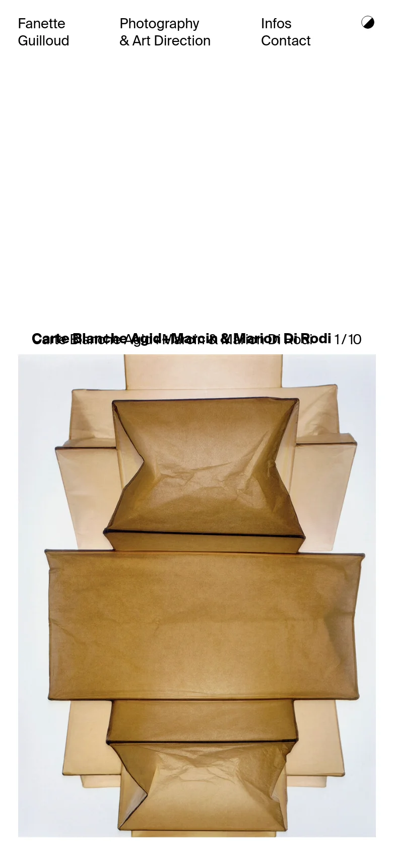 The mobile version presents a simplified vertical layout with the name 'Fanette Guilloud' and navigation links stacked at the top. A large, single-column view showcases a prominent photographic project, 'Carte Blanche Agid+Marcin & Marion Di Rodi', with a large hero image and a 1/10 counter below it.