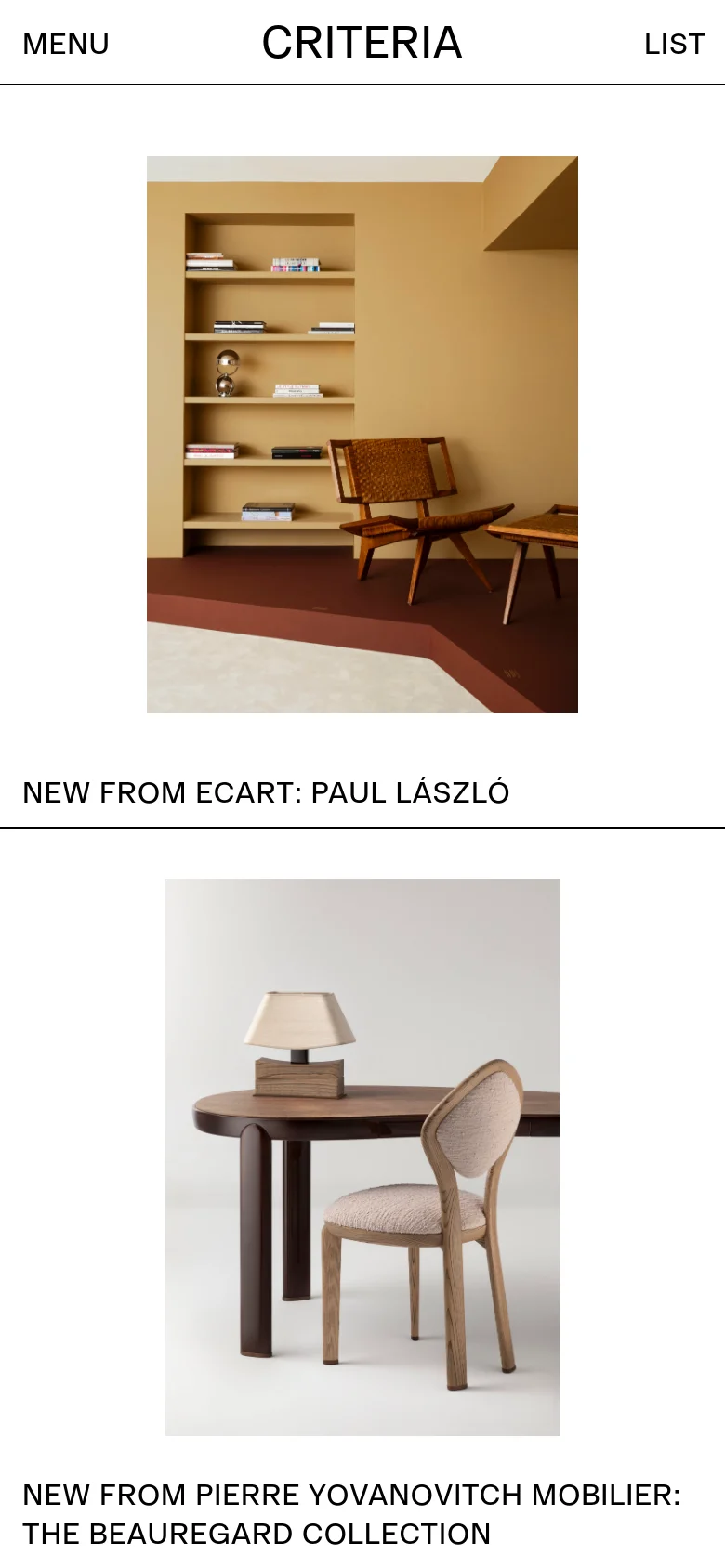 The mobile version transitions to a single-column vertical stack of large images and headlines, making the content easier to scroll through on a small screen. The navigation is simplified to 'MENU' and 'LIST' at the top, while the desktop multi-column grid is replaced by full-width imagery.