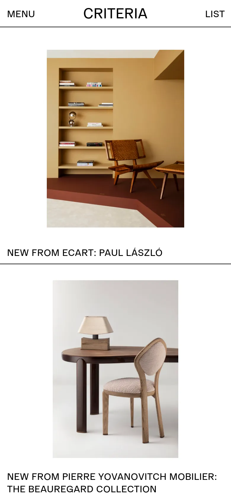 The mobile version transitions to a single-column vertical stack of large images and headlines, making the content easier to scroll through on a small screen. The navigation is simplified to 'MENU' and 'LIST' at the top, while the desktop multi-column grid is replaced by full-width imagery.
