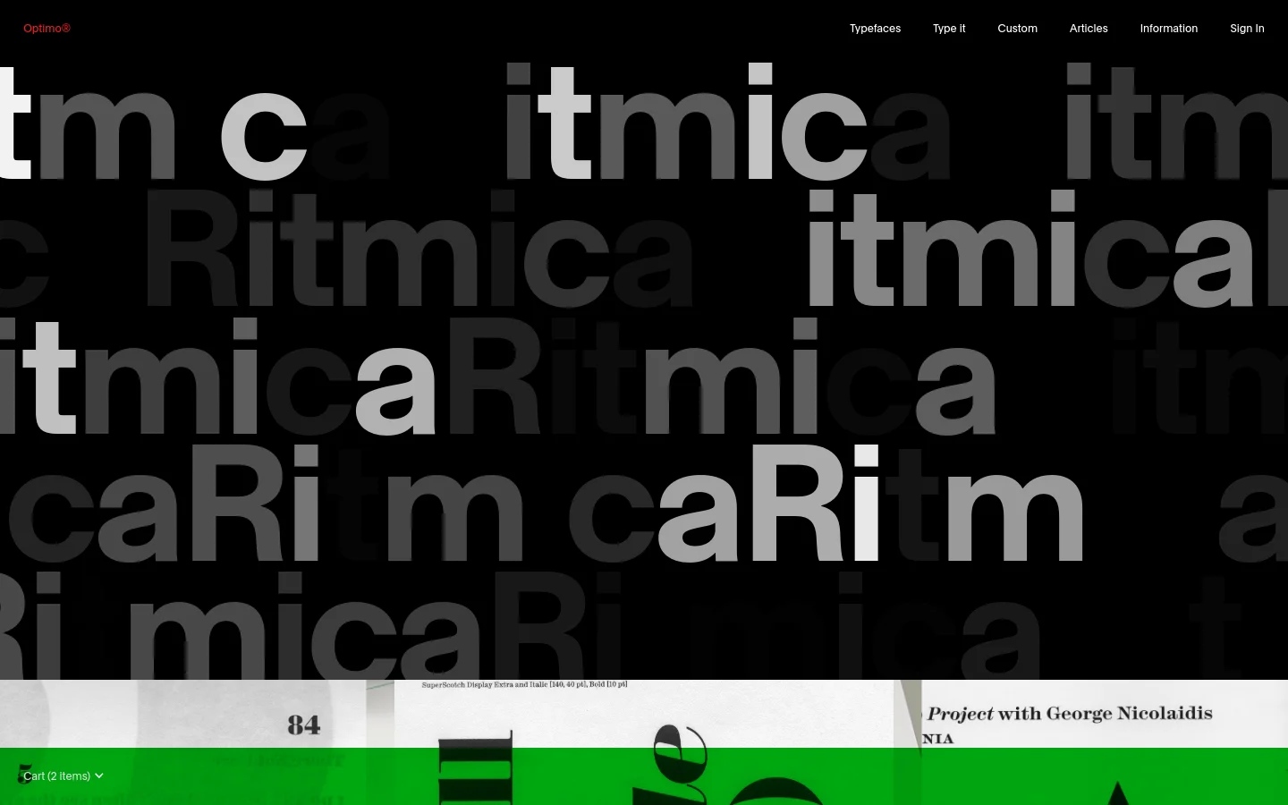 The desktop homepage features a minimalist black background with large, overlapping typographic elements of the typeface 'Ritmica' in white and grey. A navigation menu is at the top right, and a green 'Cart' button is at the bottom left. The layout is expansive and focuses on bold, high-contrast typography.