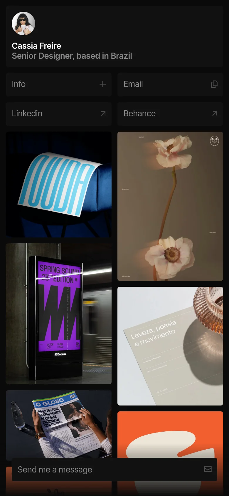 Mobile view of the portfolio website where the sidebar content is moved to the top of the screen, followed by a single-column vertical scroll of large project images. The navigation links and contact options are stacked vertically, and the overall layout is simplified for a narrow viewport.