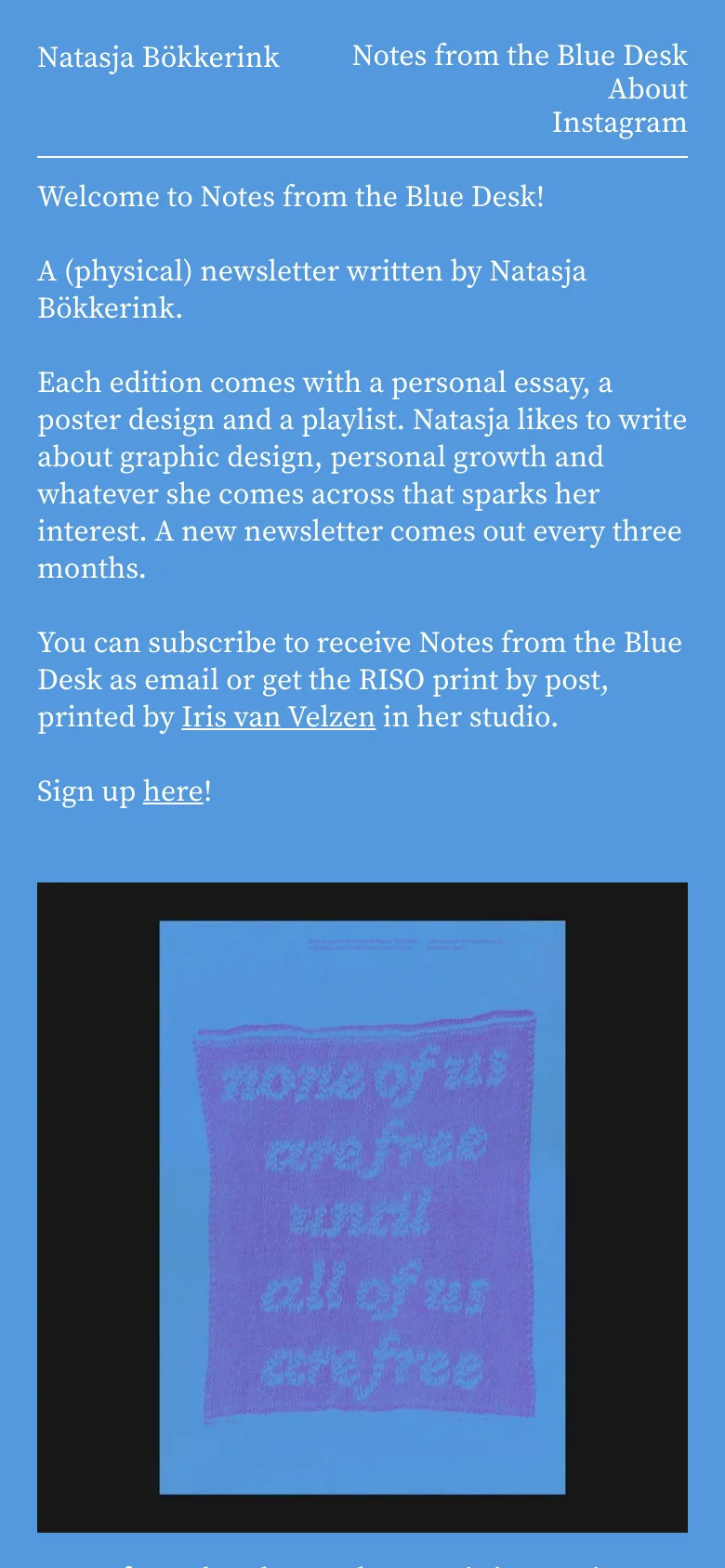 The mobile version uses the same light blue background and white typography but adopts a single-column vertical layout. The navigation links are stacked at the top, and the poster images are displayed one after another vertically instead of side-by-side.