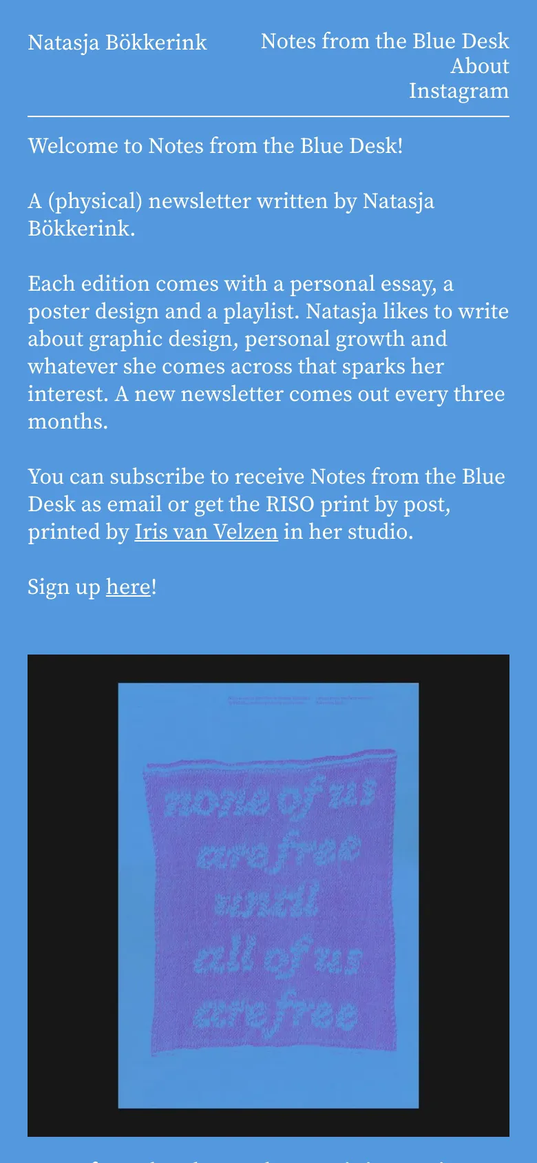 The mobile version uses the same light blue background and white typography but adopts a single-column vertical layout. The navigation links are stacked at the top, and the poster images are displayed one after another vertically instead of side-by-side.