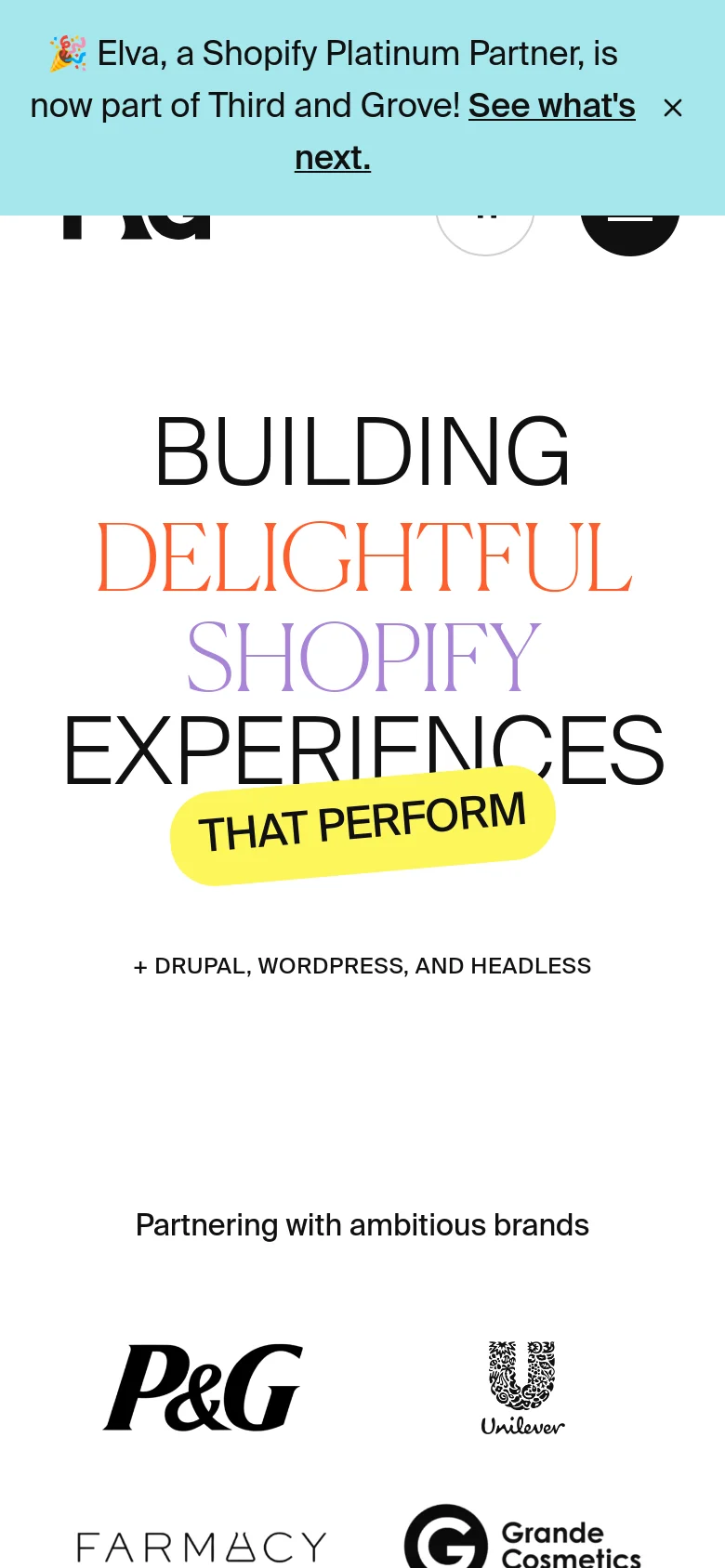 The mobile version presents a vertically stacked layout with the large, colorful hero headline centered on a white background. The top navigation is condensed, and the announcement banner remains at the very top. The client logo section follows, with logos arranged in a single or double column to fit the narrower screen width.
