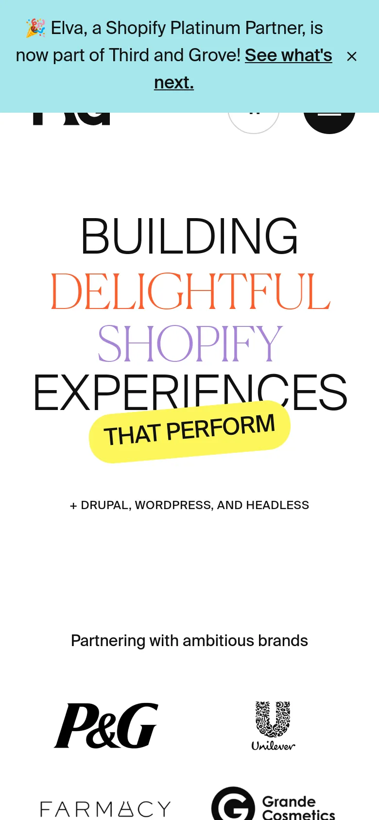 The mobile version presents a vertically stacked layout with the large, colorful hero headline centered on a white background. The top navigation is condensed, and the announcement banner remains at the very top. The client logo section follows, with logos arranged in a single or double column to fit the narrower screen width.