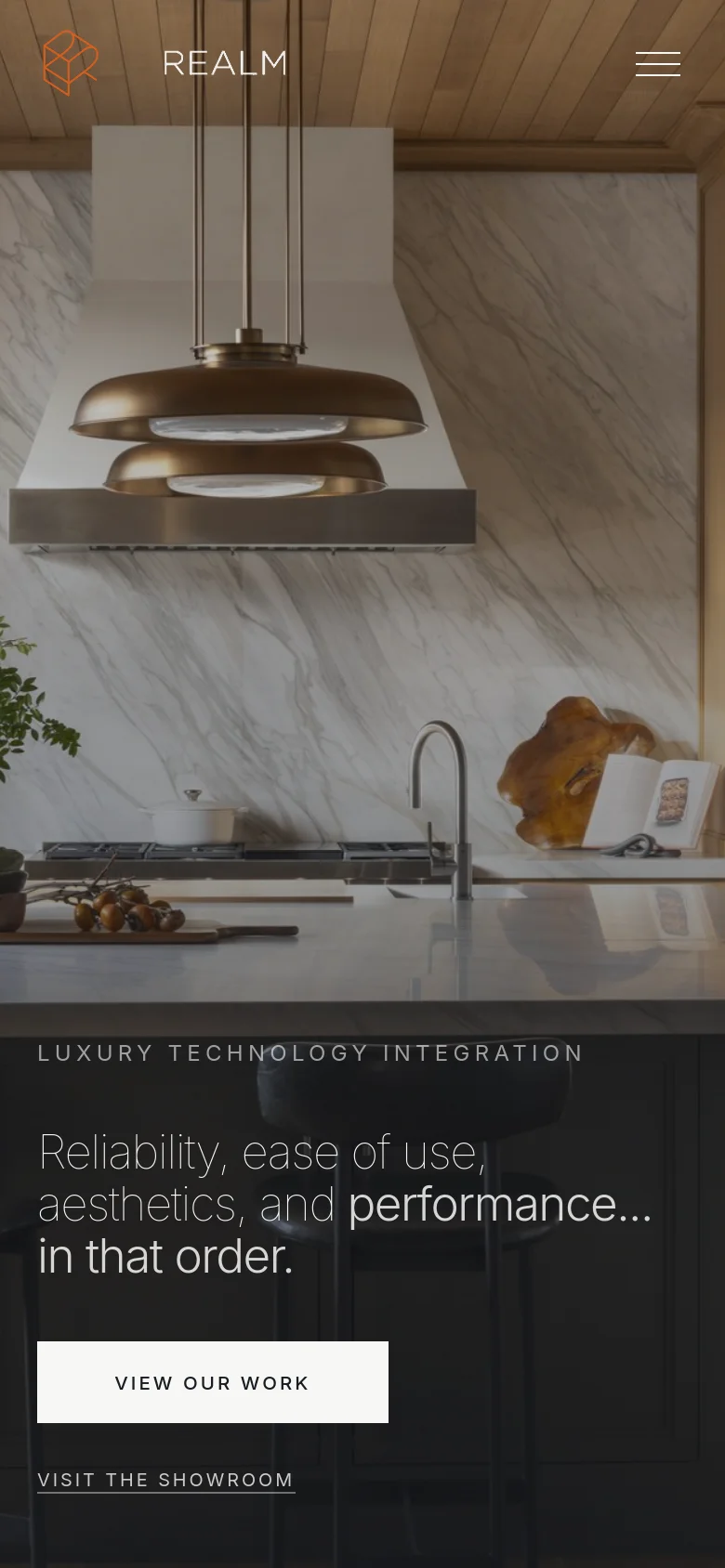 The mobile version simplifies the layout, replacing the top navigation menu with a hamburger icon in the top right corner. The hero image remains prominent, with the headline and call-to-action buttons stacked vertically over a darkened overlay of the kitchen scene.