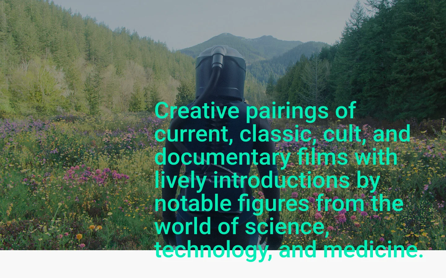 The desktop homepage features a large hero image of a person in a dark diving suit standing in a field of wildflowers against a mountain backdrop, with teal headline text overlaid. Below the hero section, the layout consists of clean, black text on a white background detailing the Science on Screen grant initiative and various program links.