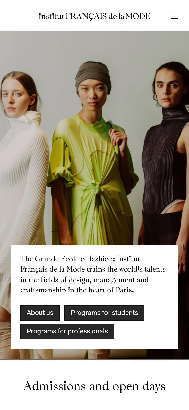 The mobile version presents a vertically oriented hero image of the three models, filling most of the screen. The white text box with the headline and three call-to-action buttons is positioned in the lower half of the image. The top navigation is simplified with a hamburger menu icon on the right and the logo centered.
