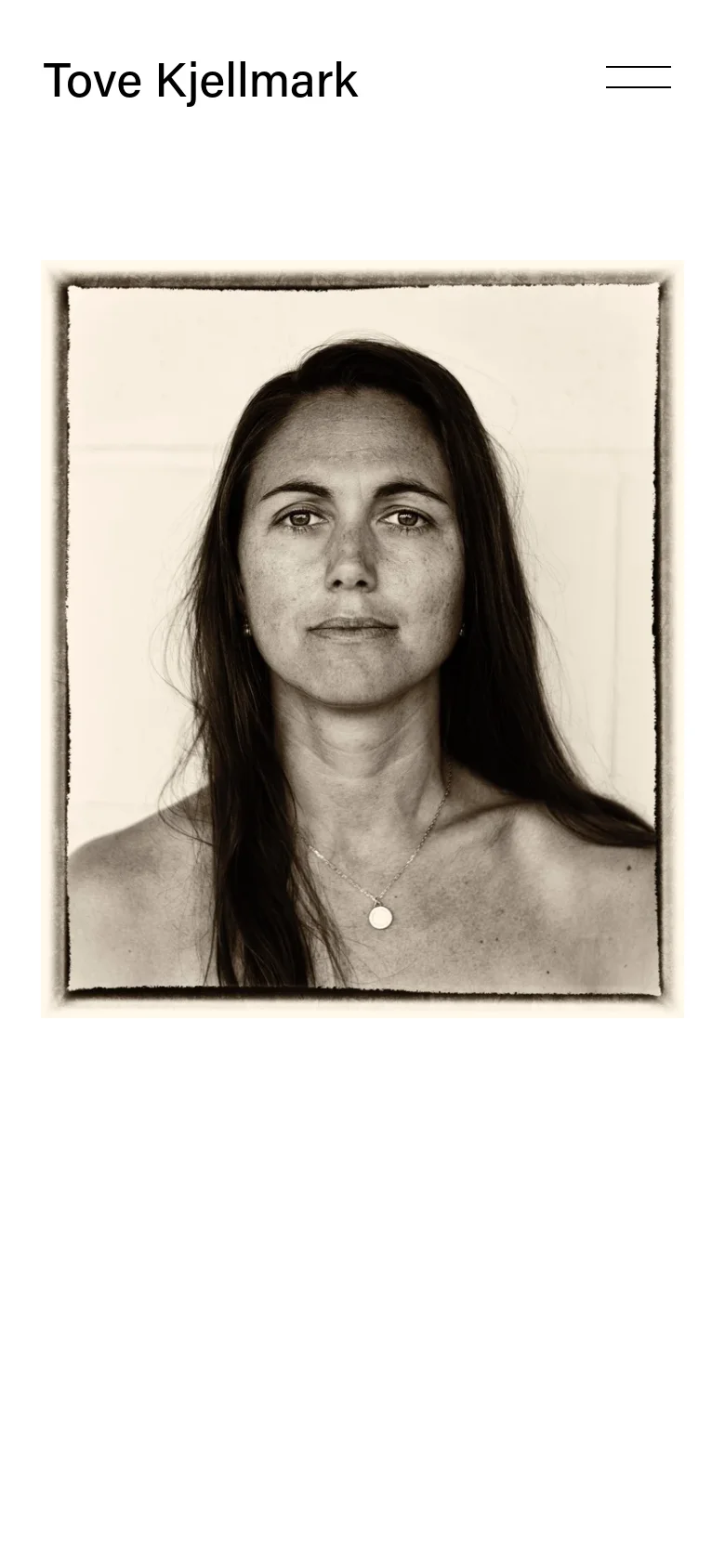The mobile version simplifies the layout, displaying the name 'Tove Kjellmark' on the left and a two-line hamburger menu icon on the right. The large black and white portrait remains the central focus, filling most of the screen width below the header.