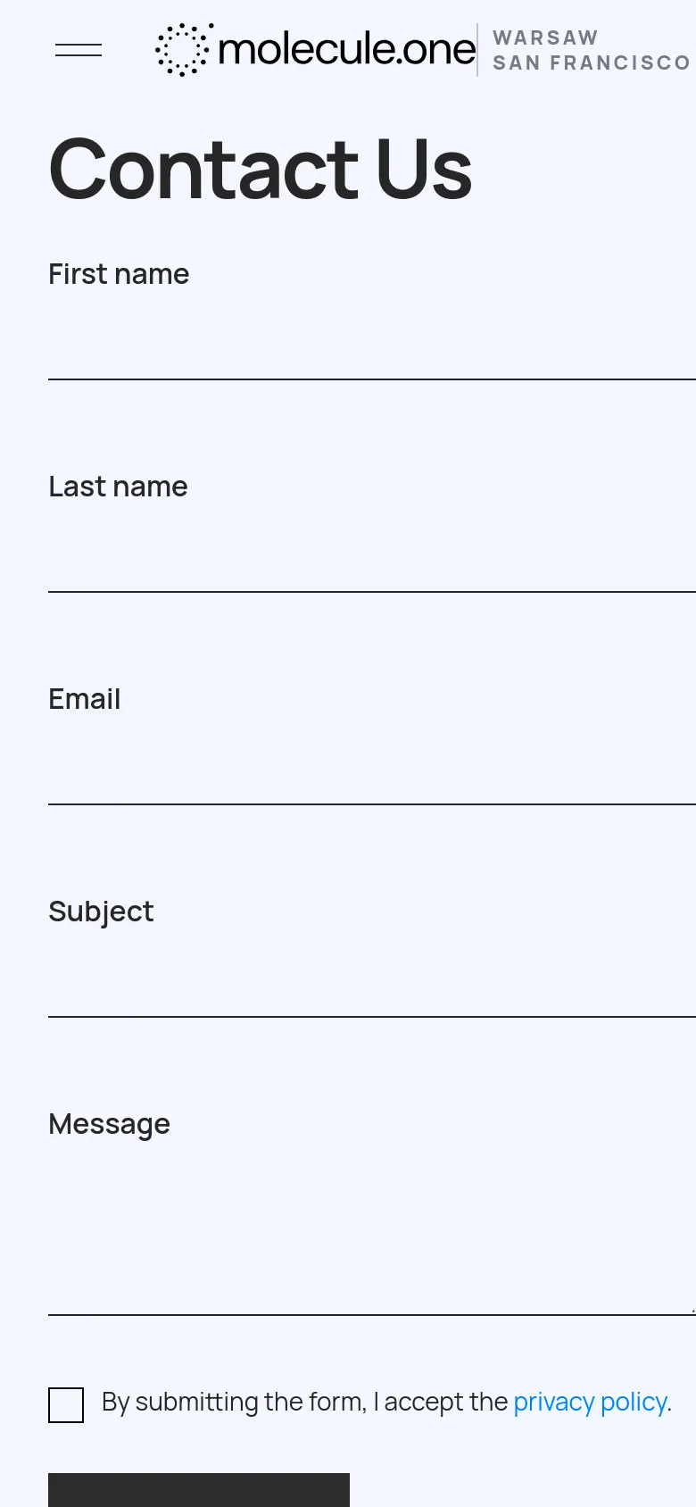 The mobile version displays a single-column layout with the 'Contact Us' headline at the top. The technical illustration is removed to prioritize the contact form fields, which span the full width of the screen above the privacy checkbox and submit button.