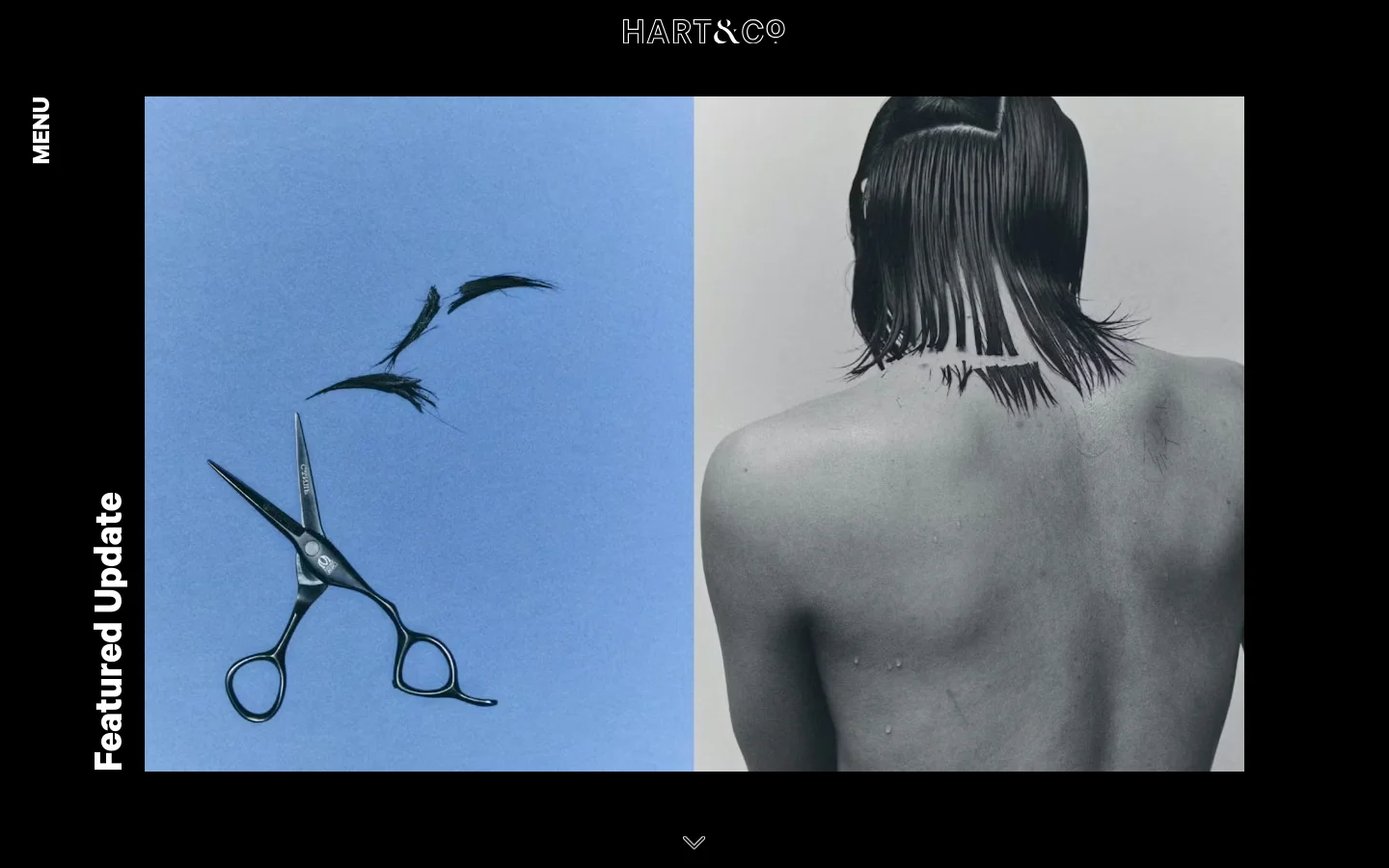 The desktop homepage features a minimalist black background with white text. A large hero image is split vertically, showing a pair of scissors cutting hair on a blue background on the left and a black and white shot of a person's bare back on the right. A vertical 'MENU' label is on the left, and 'HART & CO' is centered at the top.