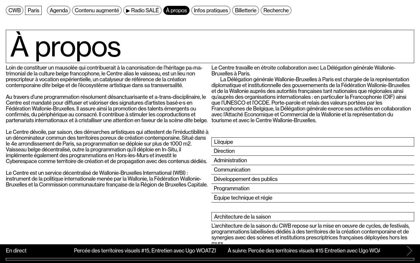 Centre Wallonie Bruxelles About Us desktop website screenshot