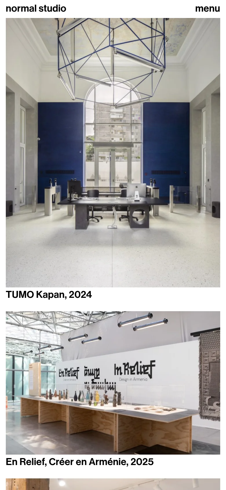 The mobile version maintains the minimalist aesthetic but shifts to a single-column vertical scroll of large, full-width project images. The header remains consistent with the studio name and a menu link, but the project tiles are stacked vertically for easier scrolling on a smaller screen.