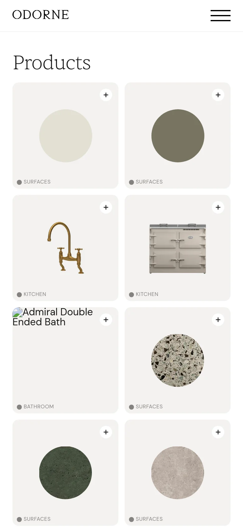 The mobile version maintains the clean, white aesthetic but displays the product grid in a more compact, single or double-column layout. The header includes the ODORNE logo and a hamburger menu icon for navigation, with the 'Products' title prominently displayed at the top.