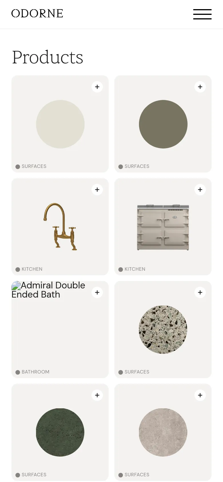 The mobile version maintains the clean, white aesthetic but displays the product grid in a more compact, single or double-column layout. The header includes the ODORNE logo and a hamburger menu icon for navigation, with the 'Products' title prominently displayed at the top.