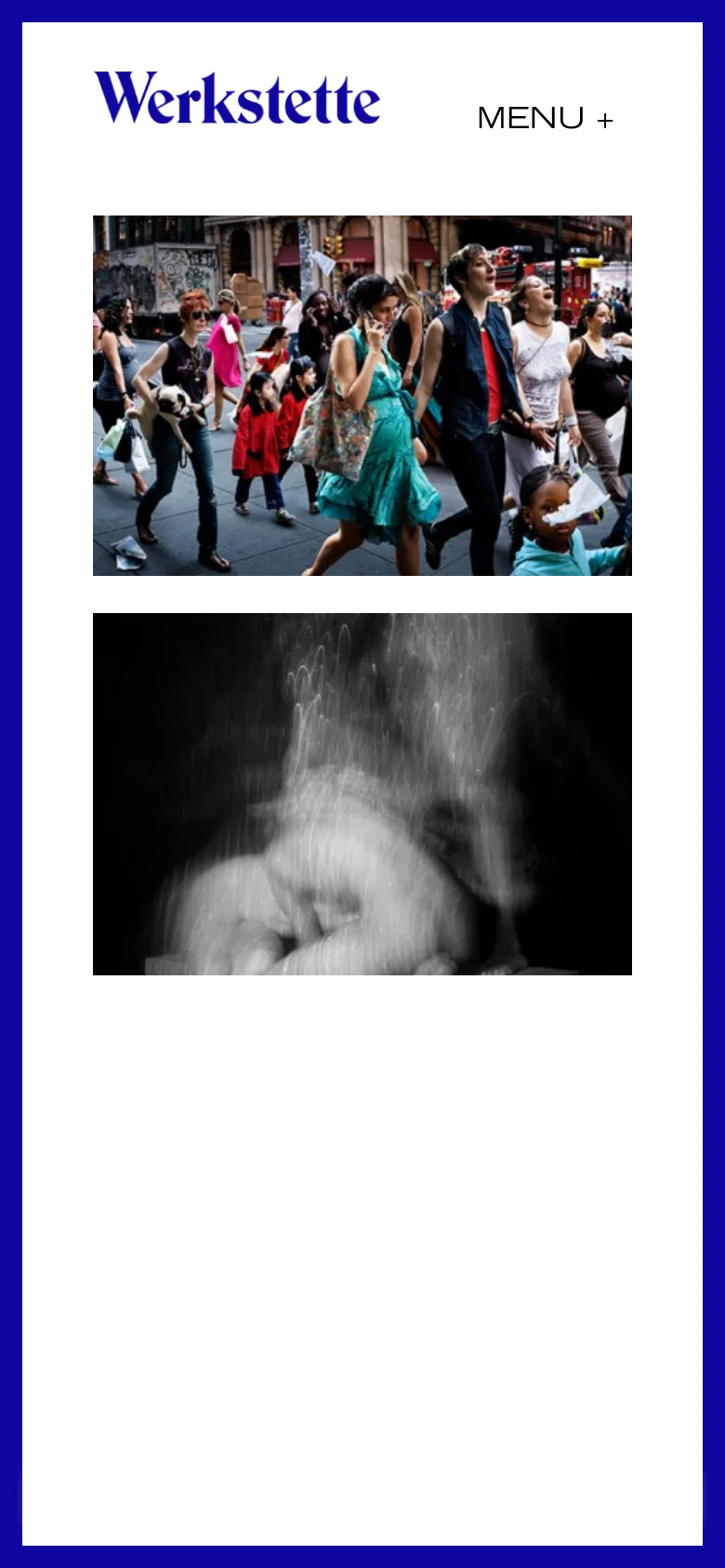 The mobile version maintains the white background and blue branding but uses a vertical layout. The navigation menu is condensed into a 'MENU +' toggle, and the two images are stacked vertically instead of being side-by-side.