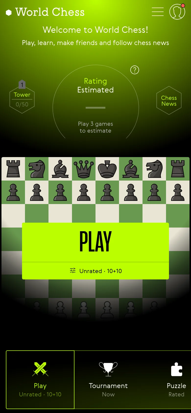 The mobile version uses a vertical layout with a lime green header containing the World Chess logo and a hamburger menu. The central hero section displays the welcome message, rating estimator, and a large chess board with a 'PLAY' button. A bottom navigation bar provides quick access to Play, Tournament, and Puzzle modes.